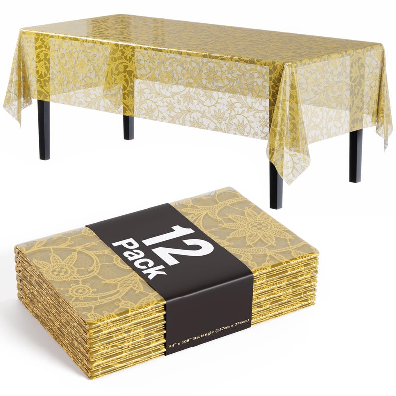 Exquisite Lace Table Cloth Rectangle Table Plastic 12-Pack Lace Tablecloth Rectangular 54" X 108" | Clear & Gold Floral Tablecloth Disposable | Wild Flower Party Decorations & Party Supplies - Image 1